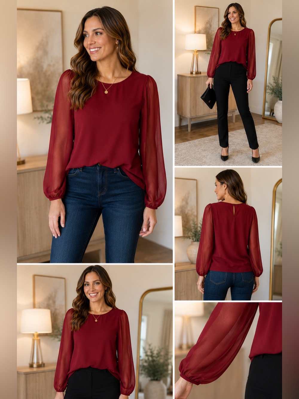 41 Hawthorn Burgundy Sheer Sleeve Blouse Medium